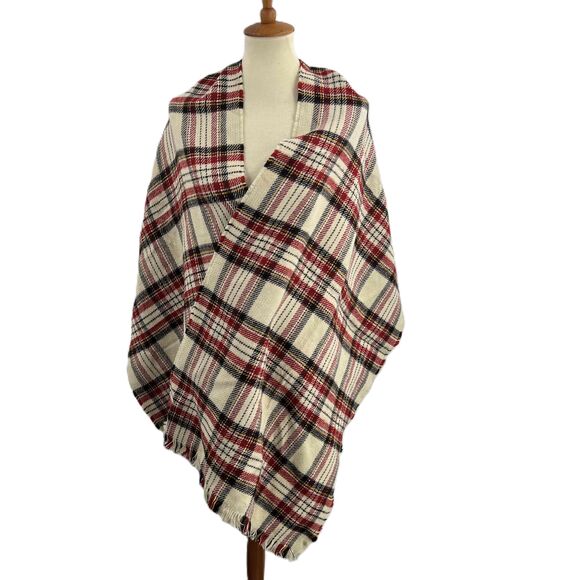 Forever 21 Red White Plaid Fringed Oversize Blanket Wrap Shawl Womens New - Picture 1 of 4